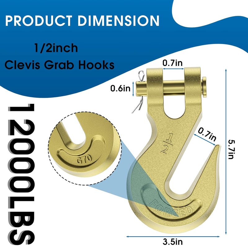 AODESTINY 1/2" Heavy Duty Chain Hook, 4 Pack Clevis Grab Hook for 1/2" Grade 70 Transport Chain, 12000LBS Load Capacity for Truck Trailer Tow Chain Transport Heavy Load - Image 2